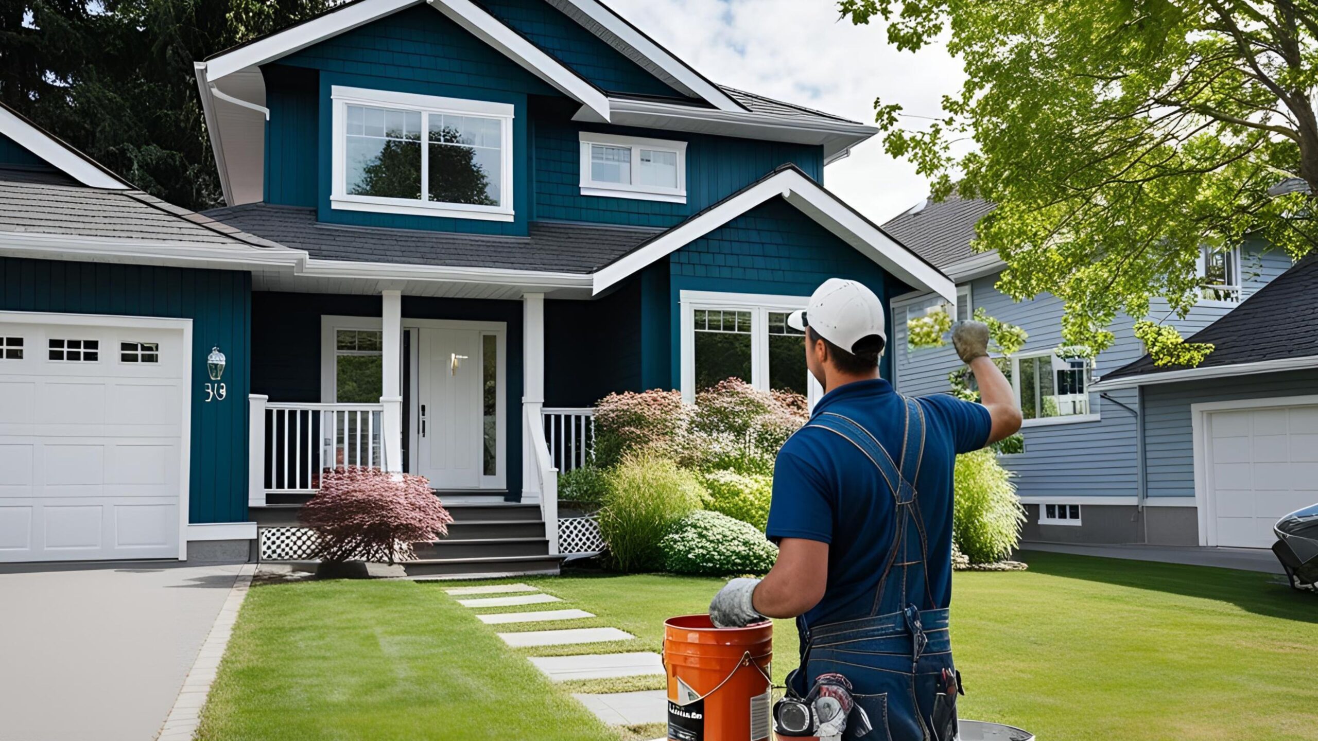 Male worker with paint bucket preparing to paint the exterior of a navy blue house.