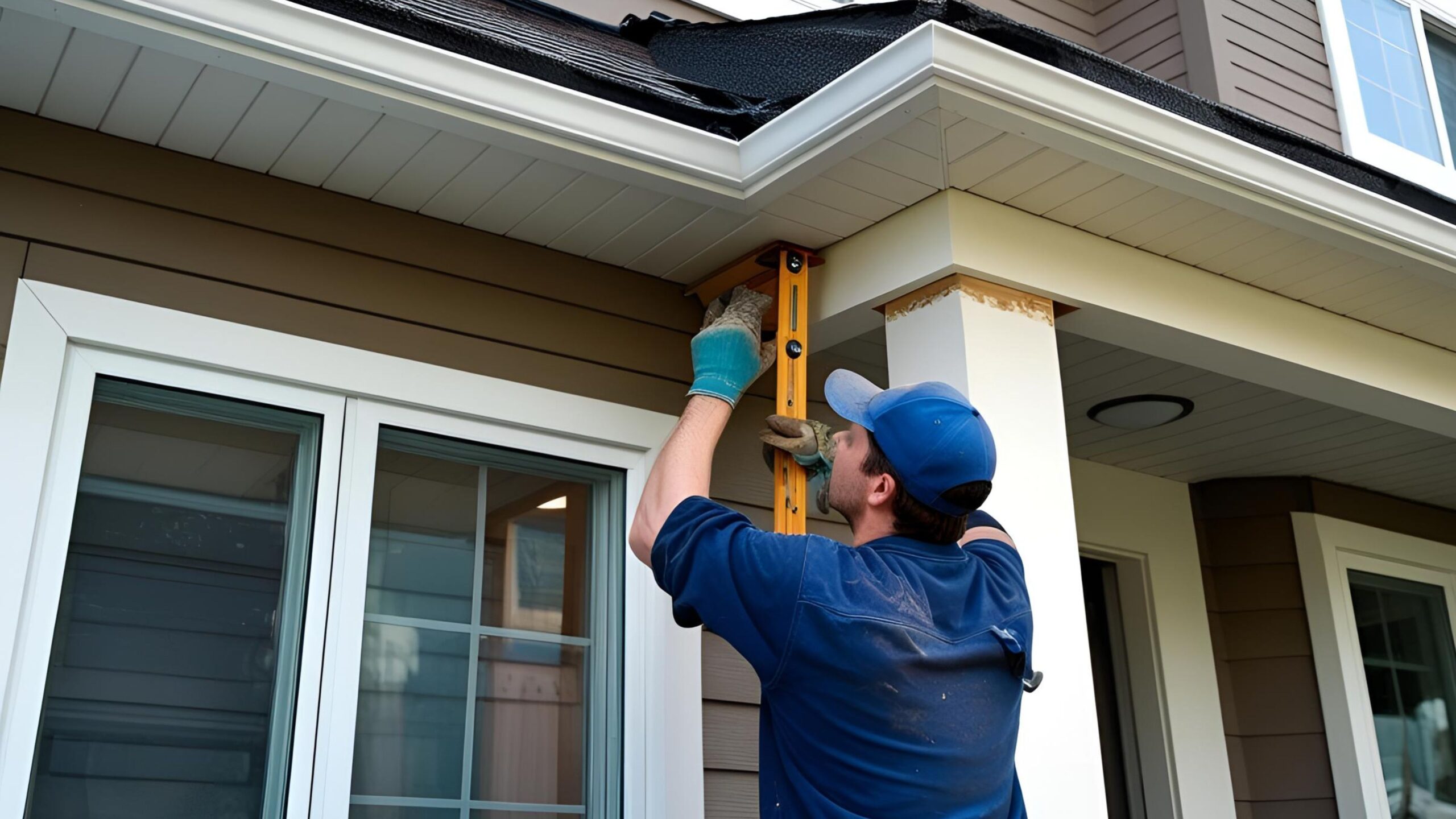 Male worker measuring an exterior pole of a house with a measuring tool.