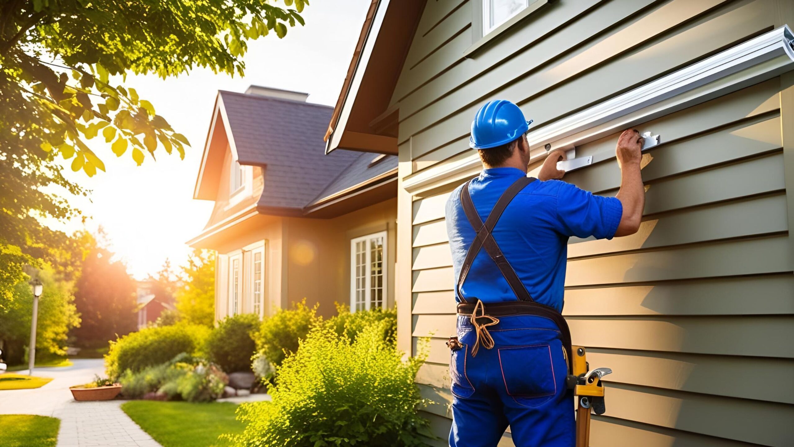 Male worker in blue workwear installing siding on a Canadian house, viewed from the back.