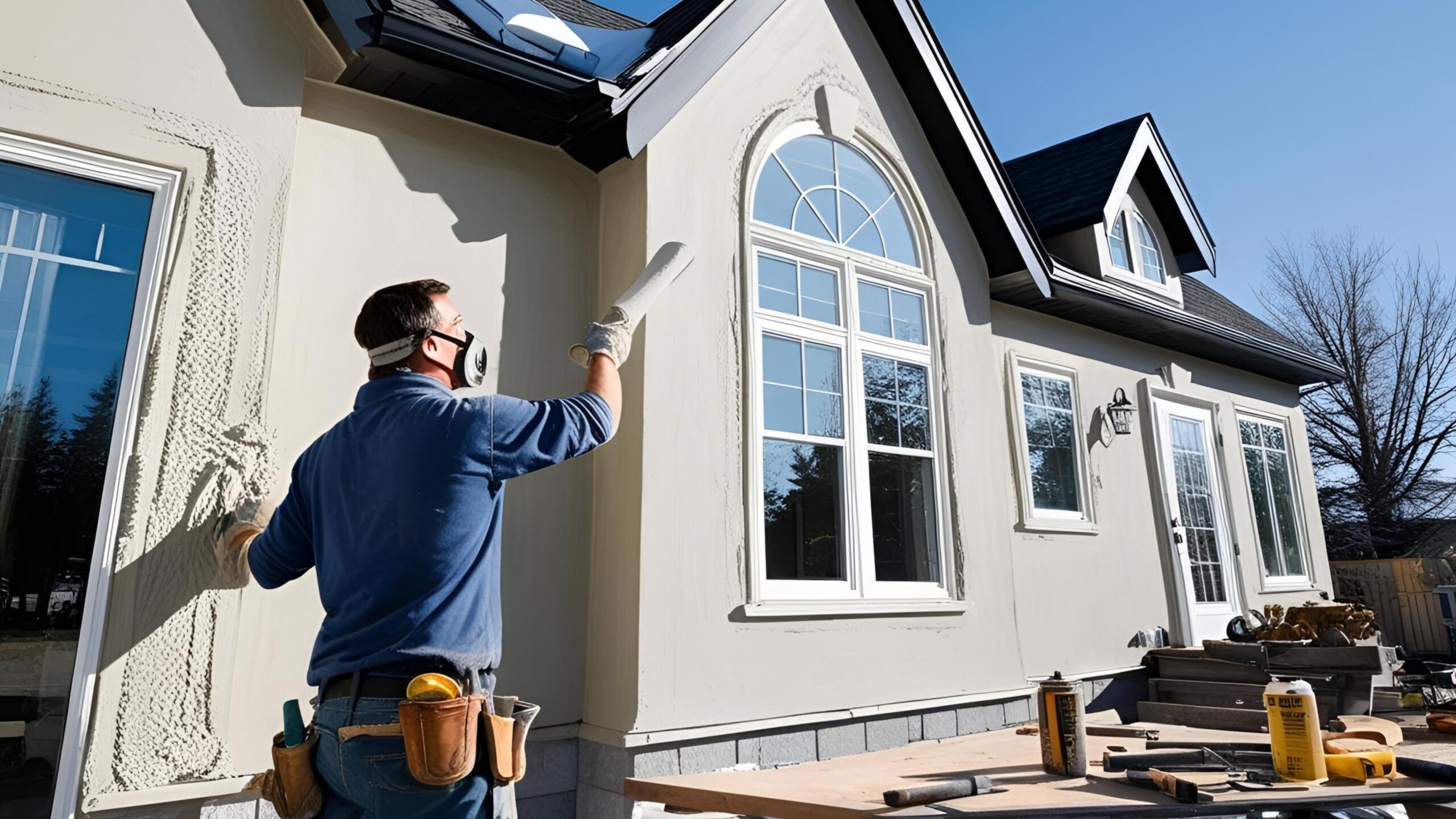 Male worker applying stucco to the front exterior of a bungalow-style house.